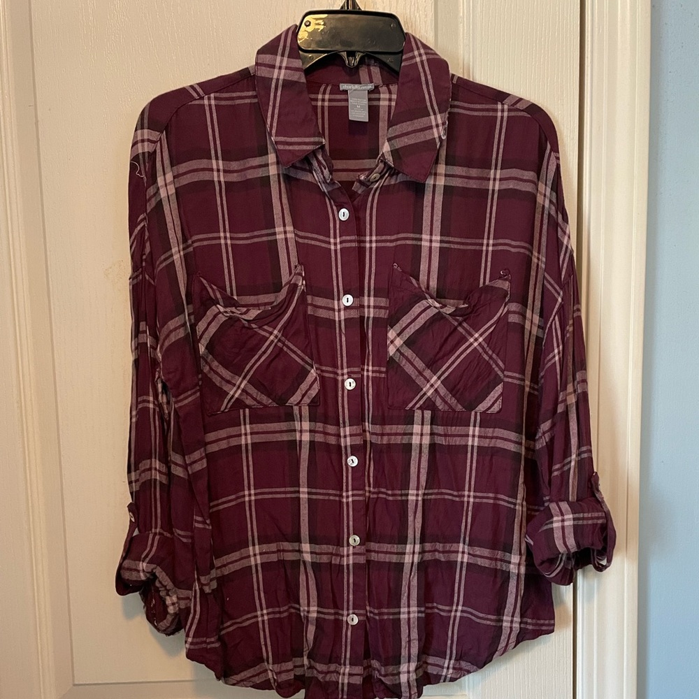Purple and white plaid button up top